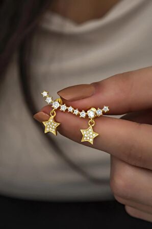 925 Ayar Gümüş Gold Beş Taşlı Sallantılı Yıldız Küpe