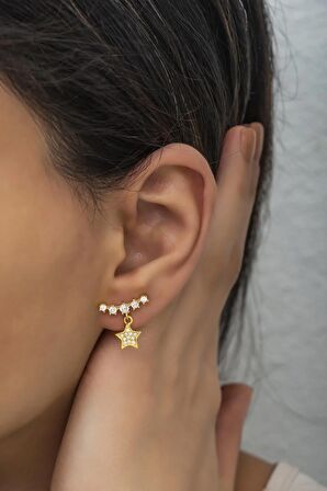 925 Ayar Gümüş Gold Beş Taşlı Sallantılı Yıldız Küpe