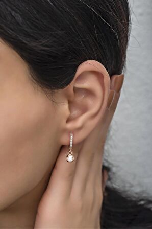 925 Ayar Gümüş Rose Sallantılı Beyaz Opal Tektaş Küpe