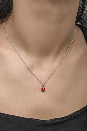 925 Ayar Gümüş Rodyumlu Minik Kırmızı Mineli Uğur Böceği Kolye
