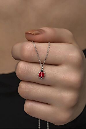 925 Ayar Gümüş Rodyumlu Minik Kırmızı Mineli Uğur Böceği Kolye