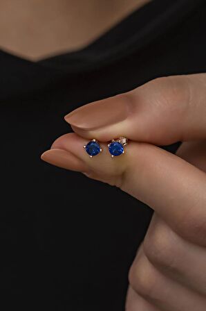 925 Ayar Gümüş Rose 4 mm Lacivert Taşlı Tektaş Küpe