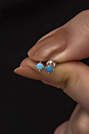 925 Ayar Gümüş Rose 3 mm Turkuaz Taşlı Tektaş Küpe