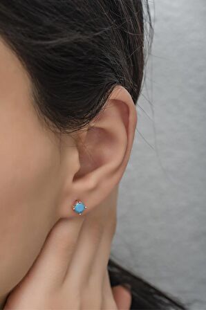 925 Ayar Gümüş Rose 5 mm Turkuaz Taşlı Tektaş Küpe