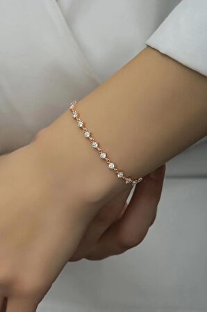 925 Ayar Gümüş Rose Sıralı 3 mm Beyaz Taşlı Bileklik