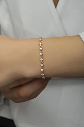 925 Ayar Gümüş Rose Sıralı 3 mm Beyaz Taşlı Bileklik