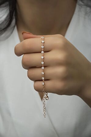 925 Ayar Gümüş Rose Sıralı 3 mm Beyaz Taşlı Bileklik