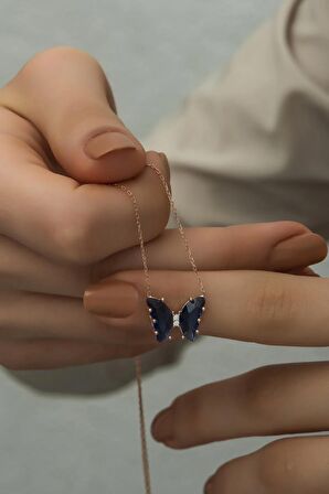 925 Ayar Gümüş Lacivert Zirkon Taşlı Kelebek Kolye