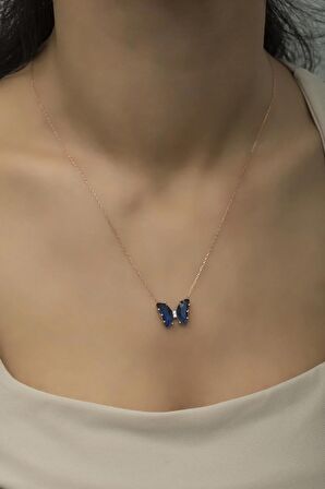 925 Ayar Gümüş Lacivert Zirkon Taşlı Kelebek Kolye