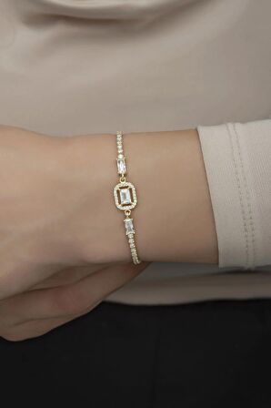 925 Ayar Gümüş Gold Suyolu Baget Taşlı Tektaş Bileklik