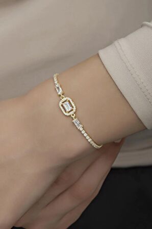 925 Ayar Gümüş Gold Suyolu Baget Taşlı Tektaş Bileklik