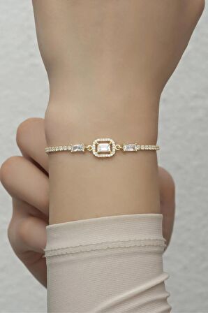 925 Ayar Gümüş Gold Suyolu Baget Taşlı Tektaş Bileklik