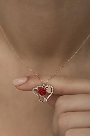 925 Ayar Gümüş Kalp Sonsuzluk Model Kırmızı Gül Kolye