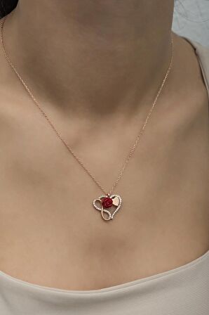 925 Ayar Gümüş Kalp Sonsuzluk Model Kırmızı Gül Kolye