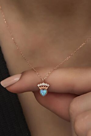 925 Ayar Gümüş Mavi Opal Taşlı Kral Tacı Kolye