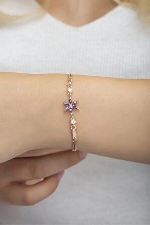 925 Ayar Mor Taşlı Lotus Çiçeği Gümüş Bileklik