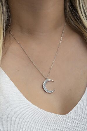 925 Ayar Gümüş Beyaz Zirkon Taşlı Hilal Kolye
