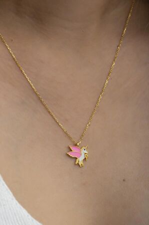 925 Ayar Gümüş Gold Pembe Mineli Unicorn Kolye