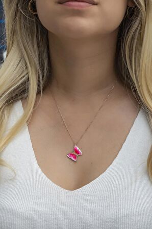 925 Ayar Gümüş Rose Pembe Mineli Kelebek Kolye