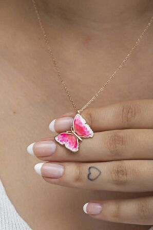 925 Ayar Gümüş Rose Pembe Mineli Kelebek Kolye