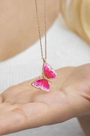 925 Ayar Gümüş Rose Pembe Mineli Kelebek Kolye