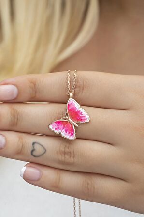 925 Ayar Gümüş Rose Pembe Mineli Kelebek Kolye