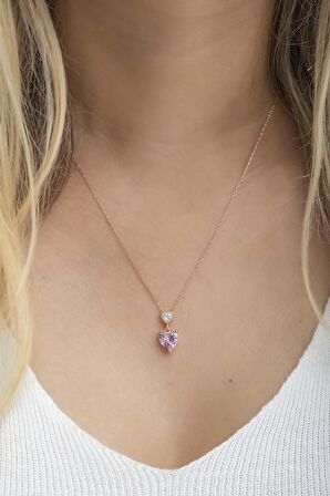 925 Ayar Gümüş Pembe Taşlı Çift Kalp Tasarım Kolye