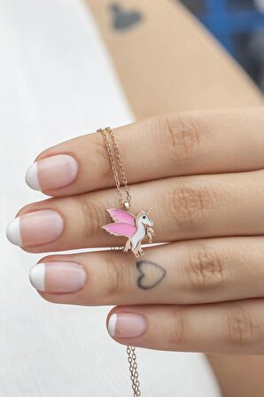 925 Ayar Gümüş Rose Pembe Mineli Unicorn Kolye