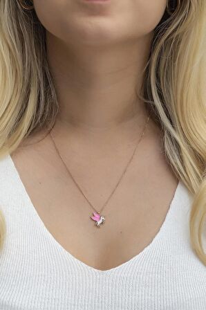 925 Ayar Gümüş Rose Pembe Mineli Unicorn Kolye
