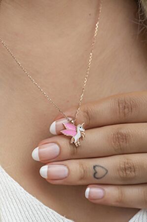 925 Ayar Gümüş Rose Pembe Mineli Unicorn Kolye