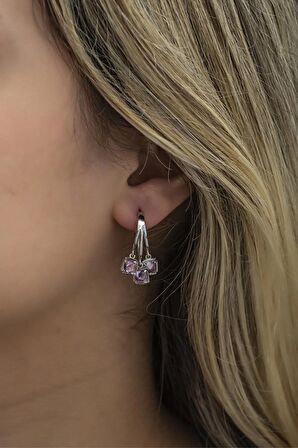 925 Ayar Gümüş Rodyumlu 3 Taşlı Pembe Taşlı Halka Küpe