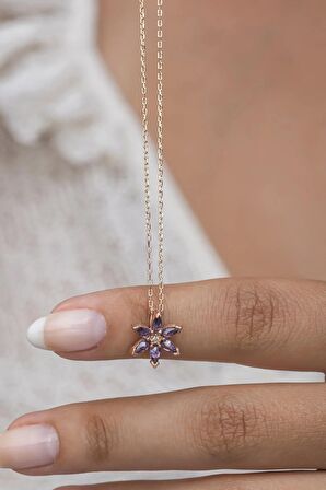925 Ayar Gümüş Tek Kat Mor Taşlı Lotus Çiçeği Kolye