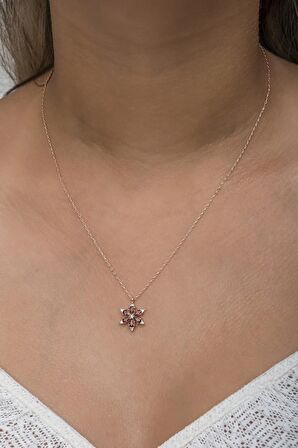 925 Ayar Gümüş Kırmızı Taşlı Lotus Kamelya Çiçeği Kolye