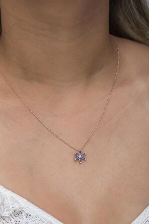 925 Ayar Gümüş Tek Kat Aquamarin Taşlı Lotus Çiçeği Kolye