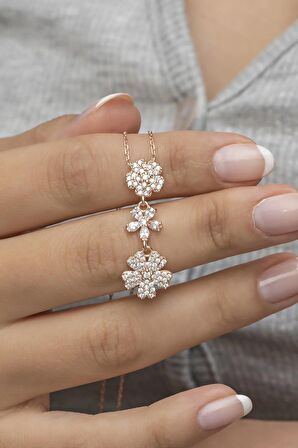 925 Ayar Gümüş Rose Zirkon Taşlı 3'Lü Çiçek Kolye