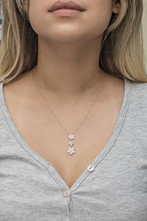 925 Ayar Gümüş Rose Zirkon Taşlı 3'Lü Çiçek Kolye