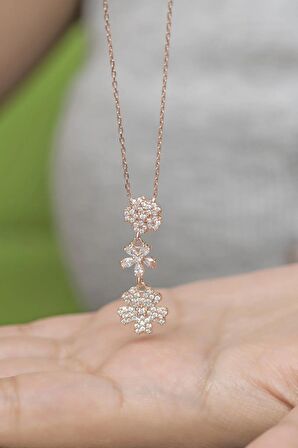 925 Ayar Gümüş Rose Zirkon Taşlı 3'Lü Çiçek Kolye