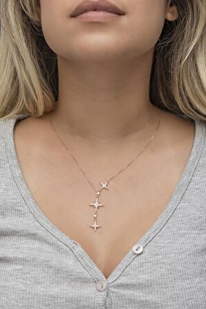 925 Ayar Gümüş Rose Zirkon Taşlı 3'Lü Kutup Yıldızı Kolye