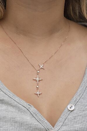 925 Ayar Gümüş Rose Zirkon Taşlı 3'Lü Kutup Yıldızı Kolye