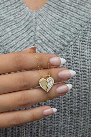925 Ayar Gümüş Mıknatıslı Ayrılabilir Gold Kalp Kolye