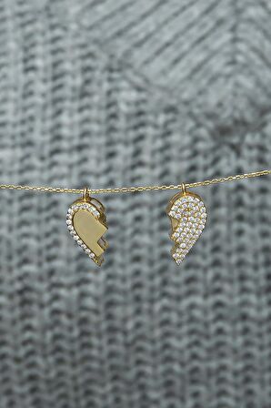 925 Ayar Gümüş Mıknatıslı Ayrılabilir Gold Kalp Kolye