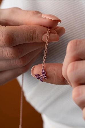 925 Ayar Gümüş Rose Pembe Taşlı Minik Kelebek Kolye