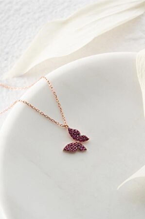 925 Ayar Gümüş Rose Pembe Taşlı Minik Kelebek Kolye