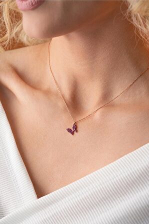 925 Ayar Gümüş Rose Pembe Taşlı Minik Kelebek Kolye
