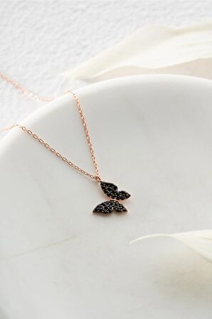925 Ayar Gümüş Rose Siyah Taşlı Minik Kelebek Kolye