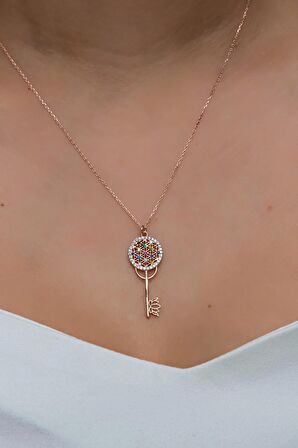 925 Ayar Gümüş Rose Mix Taşlı Anahtar Kolye