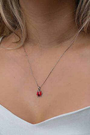 925 Ayar Gümüş Rodyumlu Kırmızı Mineli Uğur Böceği Kolye