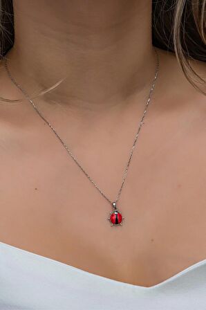 925 Ayar Gümüş Rodyumlu Kırmızı Mineli Uğur Böceği Kolye