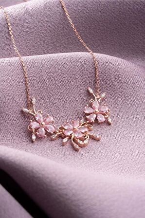 925 Ayar Gümüş Işıltılı Model Pembe Taşlı 3'Lü Çiçek  Kolye