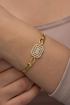 925 Ayar Gümüş Gold Kaplama Balık Sırtı Zincirli Çerçeveli Baget Tektaş Bileklik